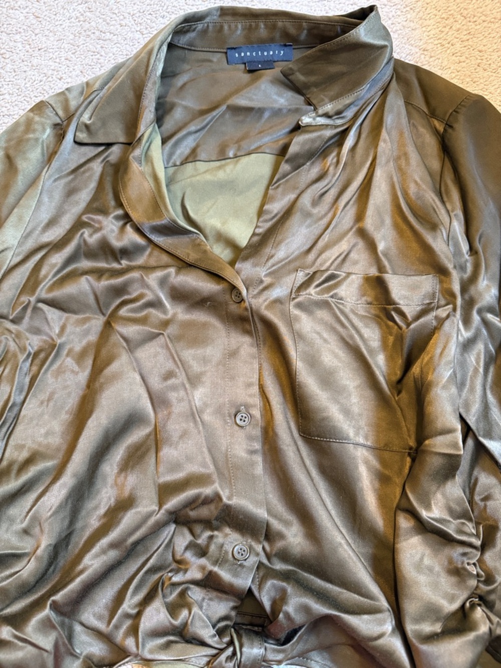 Sanctuary Olive Green Satin Button-Front Shirt